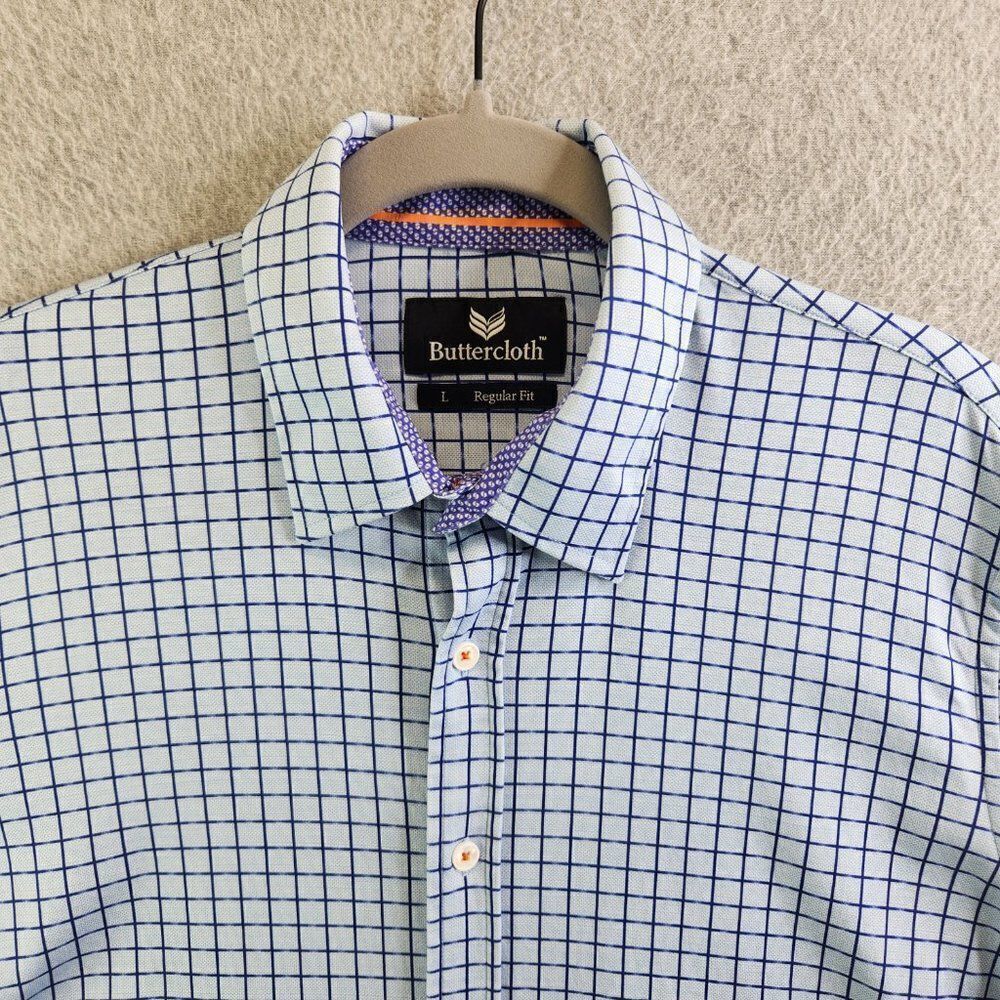 Butter Cloth Shirt Mens Large Blue Grid Check Flip Cuff Regular Fit Lightweight - Picture 2 of 16